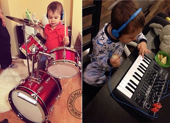 Photo of preschooler playing drums and keyboard