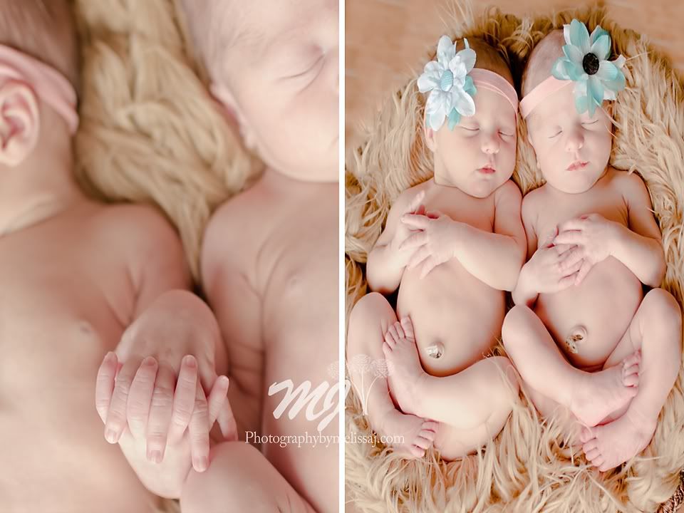 Twin girl newborn session :: Colorado Springs Newborn Photographer :: Photography by Melissa J, Twin girls holding hands and posed alike :: newborn photography session with www.photographybymelissaj.com