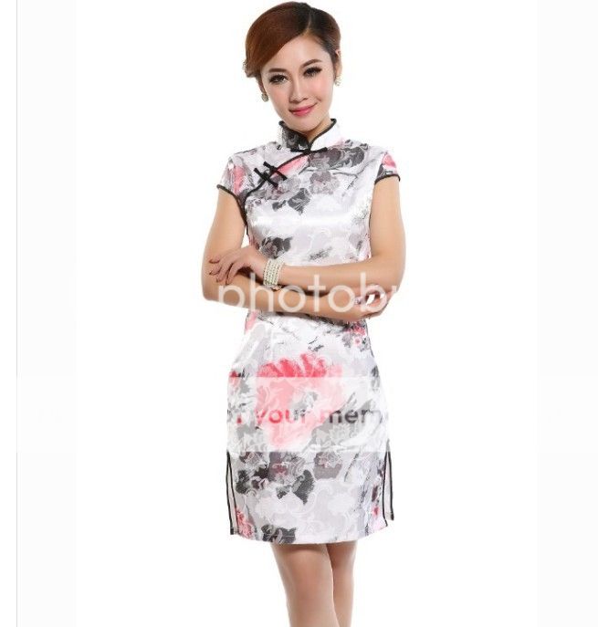 Fashion Chinese Women's Cotton Mini Dress Cheongsam White Sz s M L XL XXL