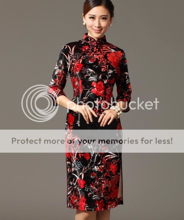 Charming Chinese Women's Velvet Mini Dress Cheongsam Black 6 8 10 12 14